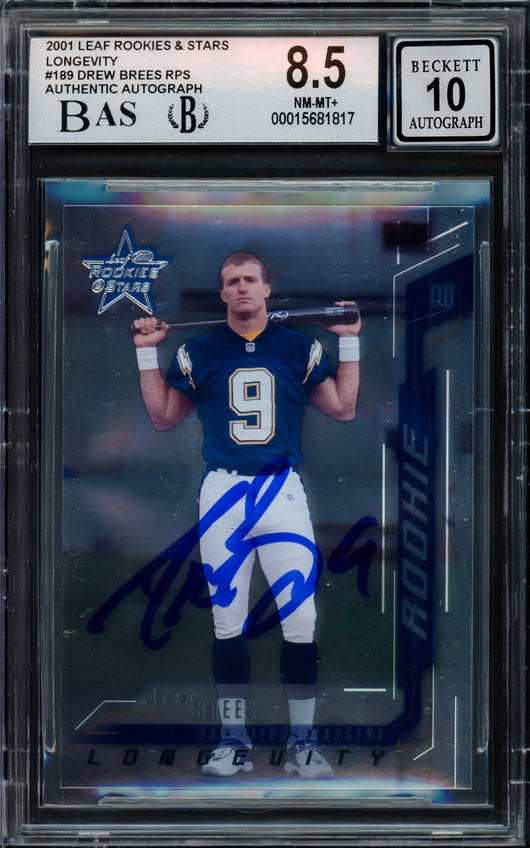 Drew Brees Autographed 2001 Leaf Rookies & Stars Longevity Rookie Card #189 San Diego Chargers BGS 8.5 Auto Grade Gem Mint 10 #11/25 Beckett BAS #15681817