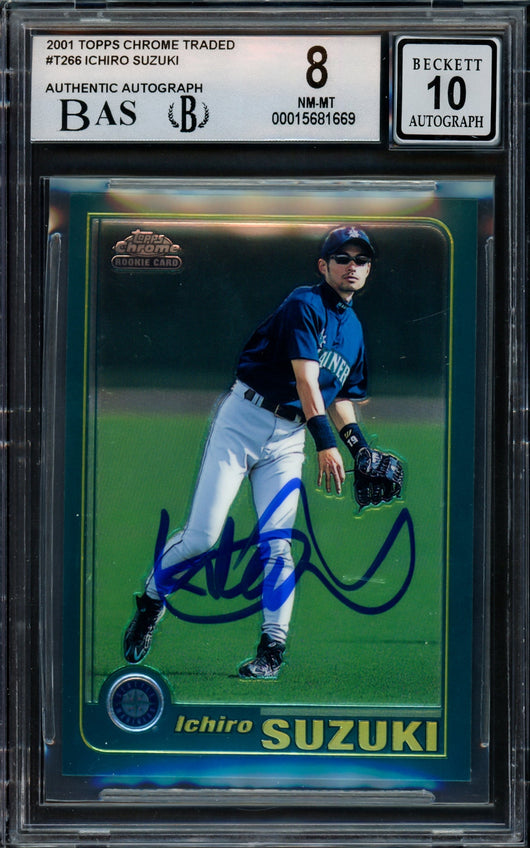 Ichiro Suzuki Autographed 2001 Topps Chrome Traded Rookie Card #T266 Seattle Mariners BGS 8 Auto Grade Gem Mint 10 Beckett BAS #15681669