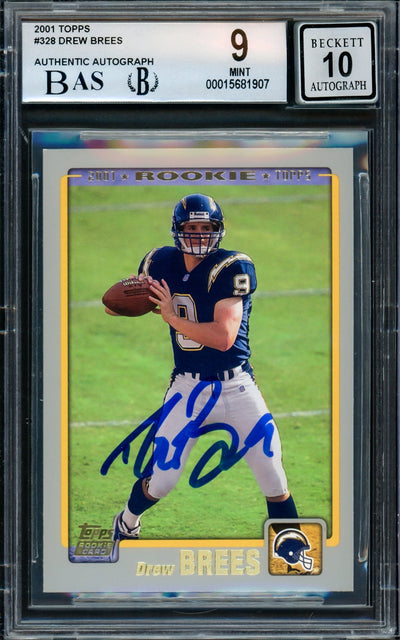 Drew Brees Autographed 2001 Topps Rookie Card #328 San Diego Chargers BGS 9 Auto Grade Gem Mint 10 Beckett BAS Stock #216466