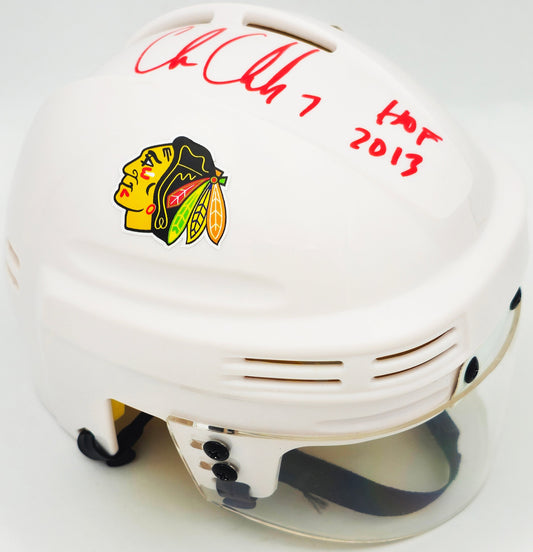 Chris Chelios Autographed Chicago Blackhawks White Mini Helmet "HOF 2013" Beckett BAS Witness