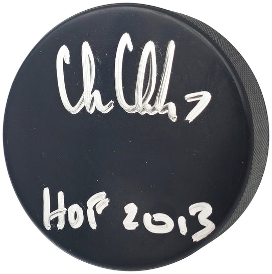 Chris Chelios Autographed Official Chicago Blackhawks Logo Hockey Puck "HOF 2013" Beckett BAS Witness