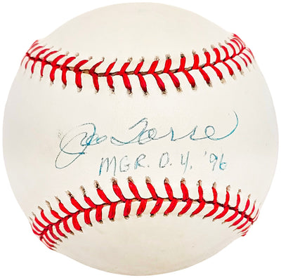 Joe Torre Autographed Official 1996 World Series Logo Baseball New York Yankees "Mgr. O.Y. 96" Beckett BAS #BH038090