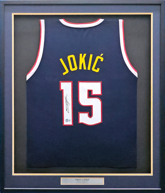Denver Nuggets Nikola Jokic Autographed Framed Blue Jersey Beckett BAS QR Stock #218626