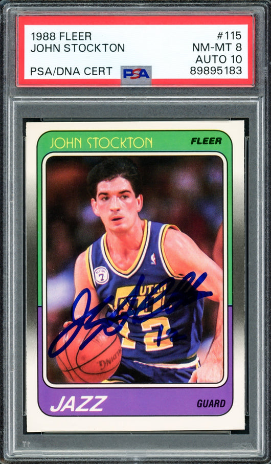 John Stockton Autographed 1988-89 Fleer Rookie Card #115 Utah Jazz PSA 8 Auto Grade Gem Mint 10 PSA/DNA #89895183