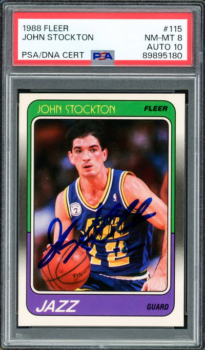 John Stockton Autographed 1988-89 Fleer Rookie Card #115 Utah Jazz PSA 8 Auto Grade Gem Mint 10 PSA/DNA #89895180