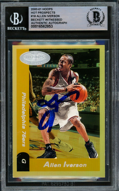 Allen Iverson Autographed 2000-01 Hoops Hot Prospects Card #18 Philadelphia 76ers Beckett BAS Witnessed #16562853