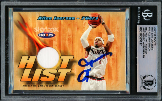 Allen Iverson Autographed 2004-05 Hoops Hot List Jerseys Card #A1 Philadelphia 76ers With Game Used Jersey Patch Beckett BAS Witnessed #16563117