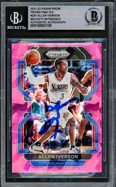 Allen Iverson Autographed 2021-22 Panini Prizm Prizms Pink Ice Card #255 Philadelphia 76ers Beckett BAS Witnessed #16563105