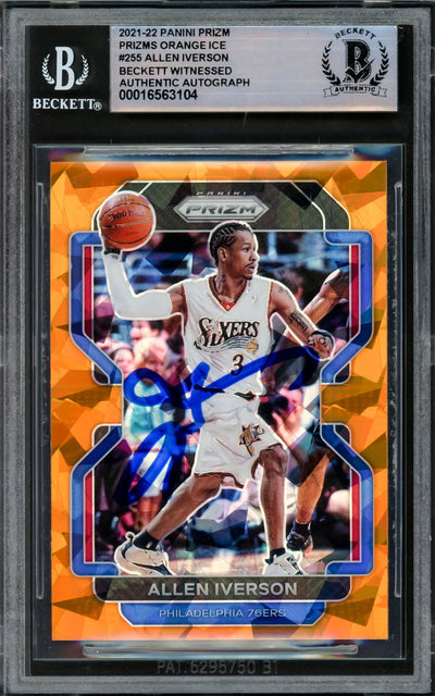 Allen Iverson Autographed 2021-22 Panini Prizm Prizms Orange Ice Card #255 Philadelphia 76ers Beckett BAS Witnessed #16563104