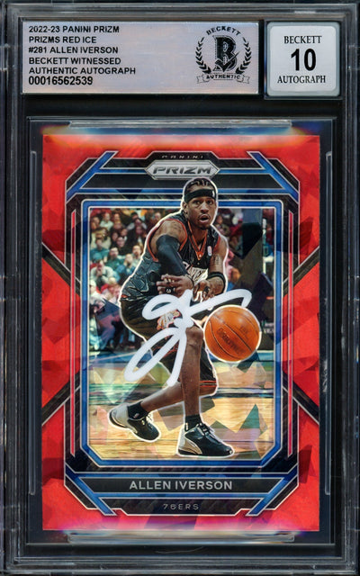 Allen Iverson Autographed 2022-23 Panini Prizm Prizms Red Ice Card #281 Philadelphia 76ers Auto Grade Gem Mint 10 Beckett BAS Witnessed #16562539