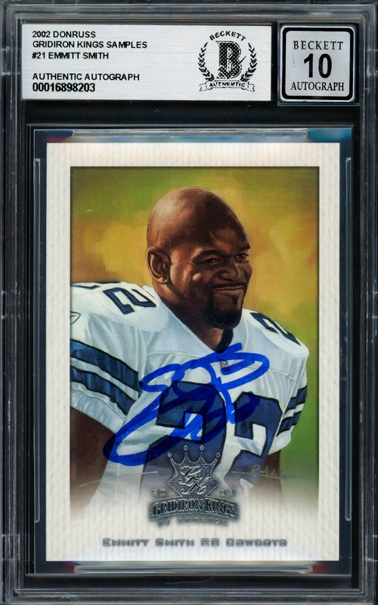 Emmitt Smith Autographed 2002 Donruss Gridiron Kings Samples Card #21 Dallas Cowboys Auto Grade Gem Mint 10 Beckett BAS #16898203