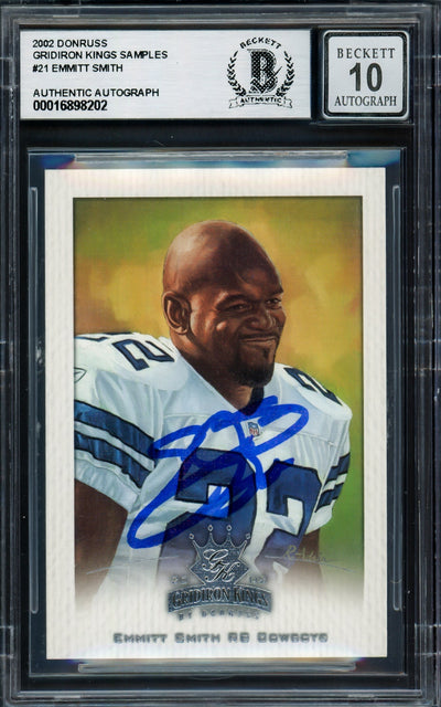 Emmitt Smith Autographed 2002 Donruss Gridiron Kings Samples Card #21 Dallas Cowboys Auto Grade Gem Mint 10 Beckett BAS #16898202