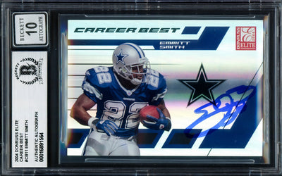 Emmitt Smith Autographed 2004 Donruss Elite Career Best Card #CB11 Dallas Cowboys Auto Grade Gem Mint 10 #887/1650 Beckett BAS #16891564