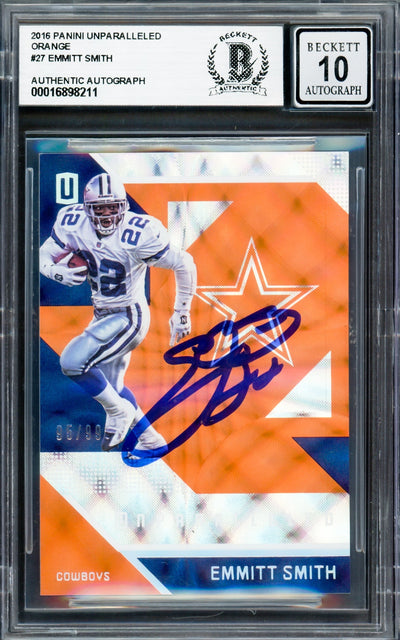 Emmitt Smith Autographed 2016 Panini Unparalleled Orange Card #27 Dallas Cowboys Auto Grade Gem Mint 10 #95/99 Beckett BAS #16898211