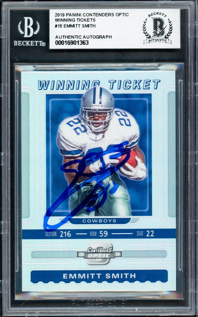 Emmitt Smith Autographed 2019 Panini Contenders Optic Winning Tickets Card #15 Dallas Cowboys #67/165 Beckett BAS #16901363