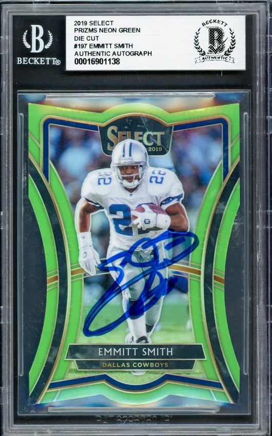 Emmitt Smith Autographed 2019 Select Prizms Neon Green Die Cut Card #197 Dallas Cowboys #30/49 Beckett BAS #16901138
