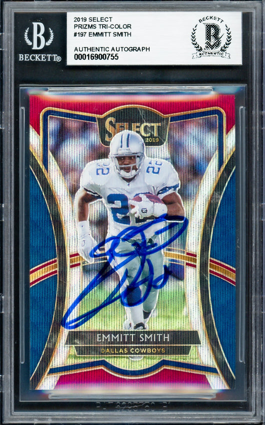 Emmitt Smith Autographed 2019 Select Prizms Tri-Color Card #197 Dallas Cowboys #55/199 Beckett BAS #16900755