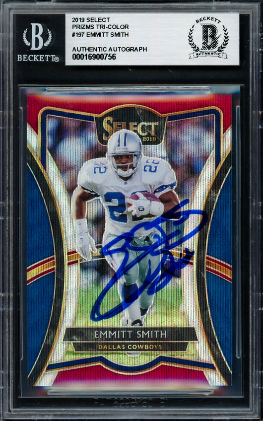 Emmitt Smith Autographed 2019 Select Prizms Tri-Color Card #197 Dallas Cowboys #166/199 Beckett BAS #16900756