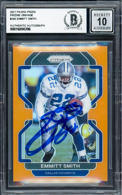 Emmitt Smith Autographed 2021 Panini Prizm Prizms Orange Card #248 Dallas Cowboys Auto Grade Gem Mint 10 #126/249 Beckett BAS #16898206