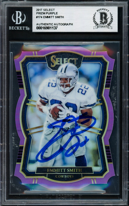 Emmitt Smith Autographed 2017 Select Prizm Purple Card #174 Dallas Cowboys #64/75 Beckett BAS #16901137