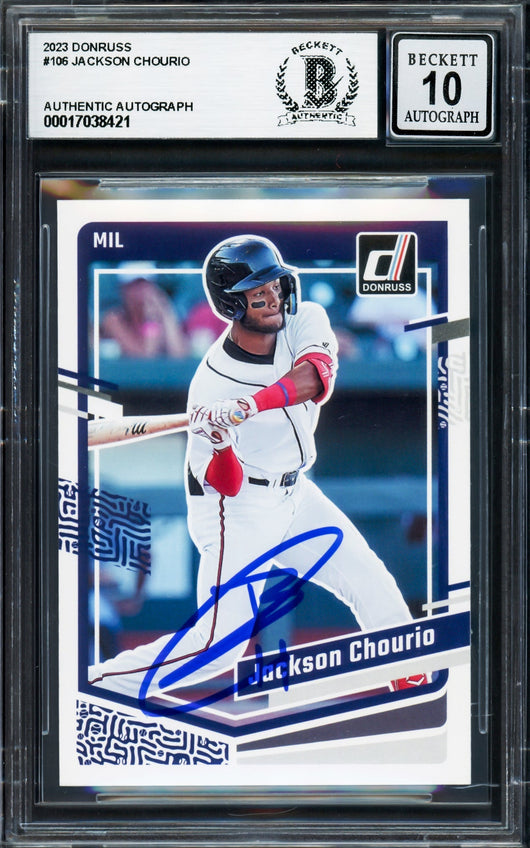 Jackson Chourio Autographed 2023 Donruss Rookie Card #106 Milwaukee Brewers Auto Grade Gem Mint 10 Beckett BAS
