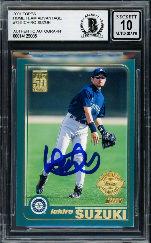 Ichiro Suzuki Autographed 2001 Topps Home Team Advantage Rookie Card #726 Seattle Mariners Auto Grade Gem Mint 10 Beckett BAS Stock #220241