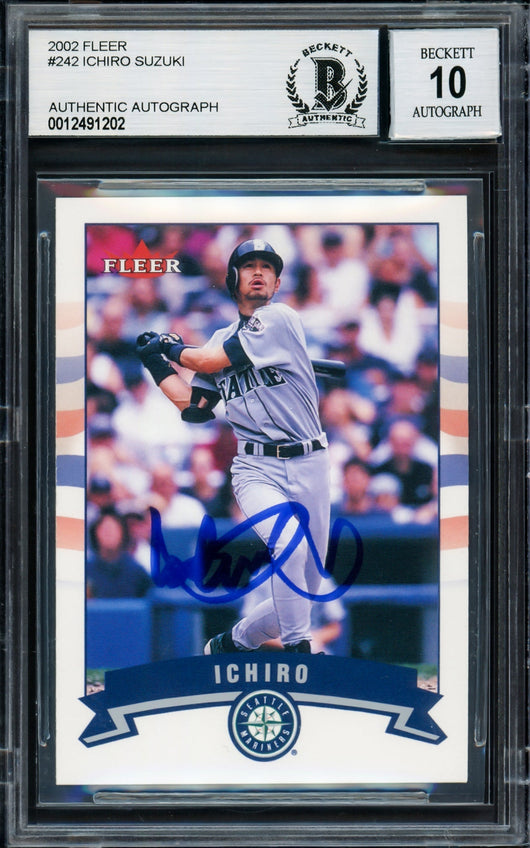 Ichiro Suzuki Autographed 2002 Fleer Card #242 Seattle Mariners Auto Grade Gem Mint 10 Beckett BAS Stock #220248