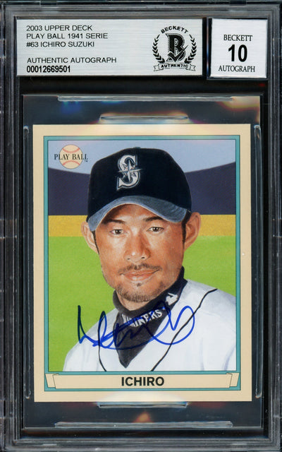 Ichiro Suzuki Autographed 2003 Upper Deck Play Ball 1941 Mini Card #63 Seattle Mariners Auto Grade Gem Mint 10 Beckett BAS Stock #220263