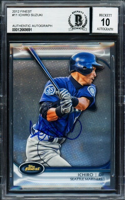 Ichiro Suzuki Autographed 2012 Topps Finest Card #11 Seattle Mariners Auto Grade Gem Mint 10 Beckett BAS Stock #220276