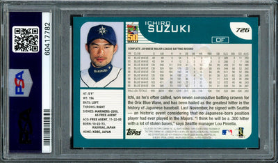 Ichiro Suzuki Autographed 2001 Topps Rookie Card #726 Seattle Mariners PSA 9 Auto Grade Mint 9 PSA/DNA #60417782