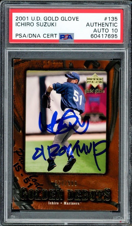 Ichiro Suzuki Autographed 2001 UD Gold Glove Rookie Card #135 Seattle Mariners Auto Grade Gem Mint 10 "01 ROY/MVP" #354/500 PSA/DNA #60417695