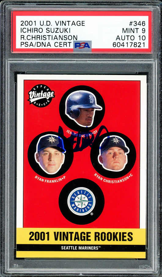 Ichiro Suzuki Autographed 2001 UD Vintage Rookie Card #346 Seattle Mariners PSA 9 Auto Grade Gem Mint 10 PSA/DNA Stock #208004