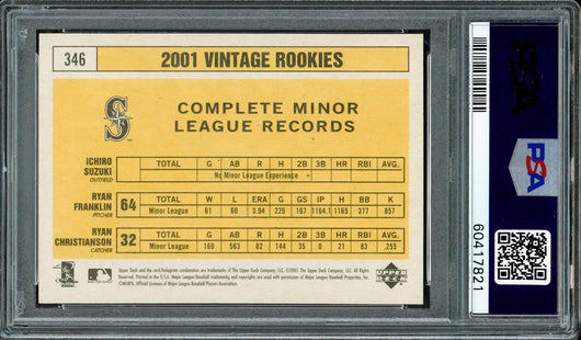 Ichiro Suzuki Autographed 2001 UD Vintage Rookie Card #346 Seattle Mariners PSA 9 Auto Grade Gem Mint 10 PSA/DNA Stock #208004