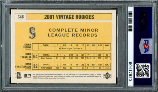 Ichiro Suzuki Autographed 2001 UD Vintage Rookie Card #346 Seattle Mariners Auto Grade Gem Mint 10 PSA/DNA #60417820