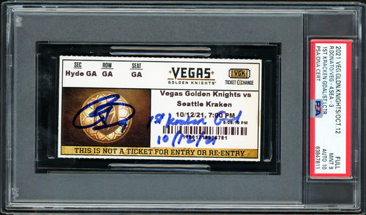 Ryan Donato Autographed Seattle Kraken Inaugural First Game Ticket PSA 9 Auto Grade Gem Mint 10 "1st Kraken Goal 10/12/21" Highest Graded PSA/DNA #63847811