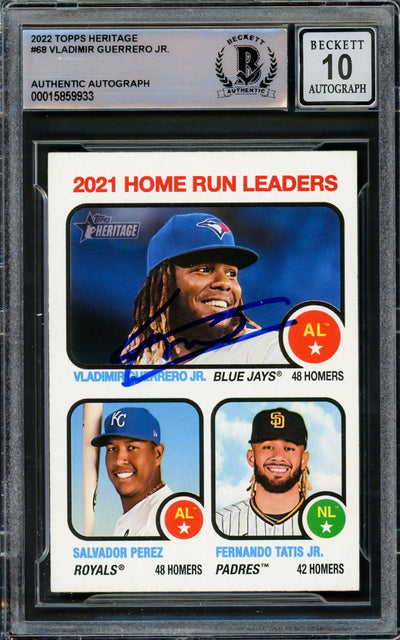Vladimir Guerrero Jr. Autographed 2022 Topps Heritage Card #68 Toronto Blue Jays Auto Grade Gem Mint 10 Beckett BAS #15859933
