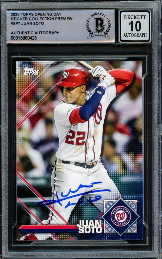 Juan Soto Autographed 2020 Topps Opening Day Sticker Preview Card #SP-7 Washington Nationals Auto Grade Gem Mint 10 Beckett BAS #15860423
