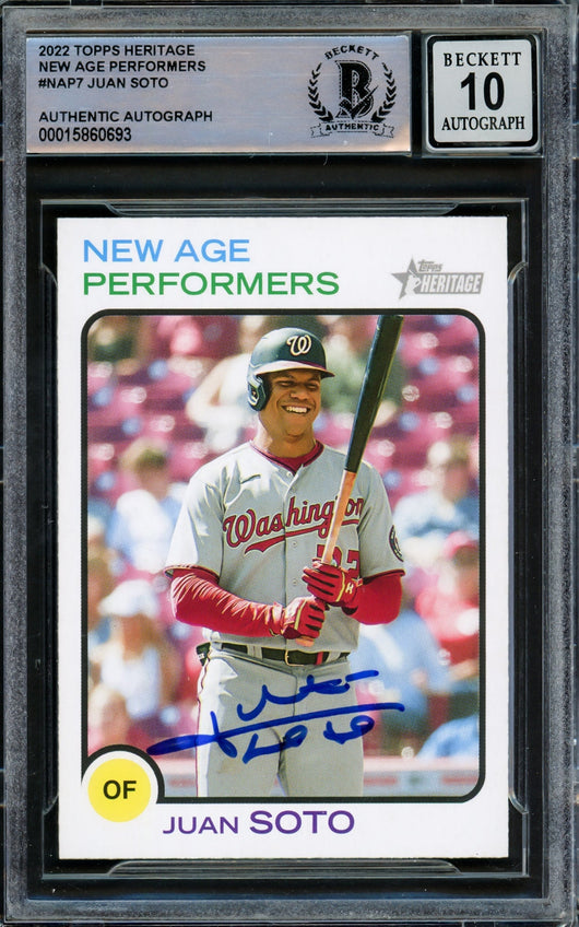 Juan Soto Autographed 2022 Topps Heritage New Age Performers Card #NAP-7 Washington Nationals Auto Grade Gem Mint 10 Beckett BAS #15860693