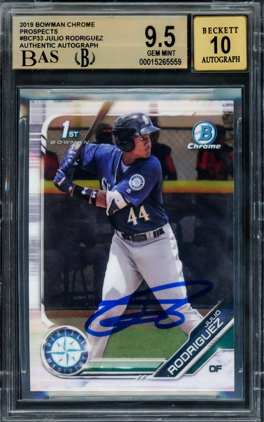 Julio Rodriguez Autographed 2019 Bowman Chrome Prospects 1st Bowman Rookie Card #BCP33 Seattle Mariners BGS 9.5 Auto Grade Gem Mint 10 Beckett BAS #15265559