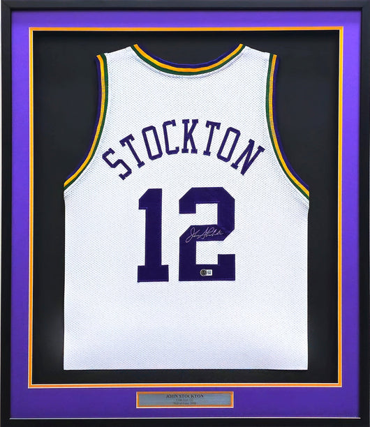Utah Jazz John Stockton Autographed Framed White Jersey Beckett BAS Witness