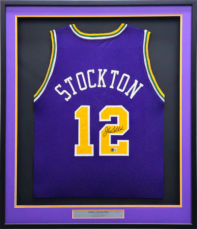 Utah Jazz John Stockton Autographed Framed Purple Jersey Beckett BAS Witness