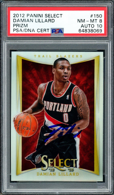 Damian Lillard Autographed 2012 Panini Select Silver Prizm Rookie Card #150 Portland Trail Blazers PSA 8 Auto Grade Gem Mint 10 On Card PSA/DNA #64838069