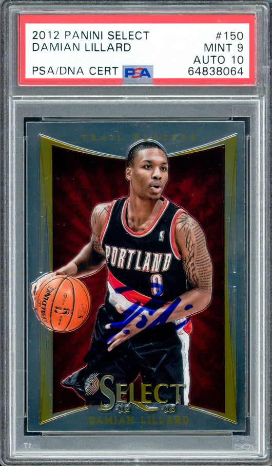Damian Lillard Autographed 2012 Panini Select Rookie Card #150 Portland Trail Blazers PSA 9 Auto Grade Gem Mint 10 On Card PSA/DNA #64838064