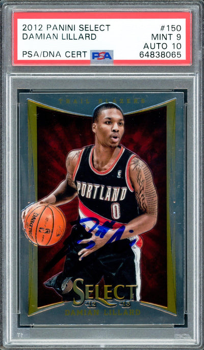 Damian Lillard Autographed 2012 Panini Select Rookie Card #150 Portland Trail Blazers PSA 9 Auto Grade Gem Mint 10 On Card PSA/DNA #64838065