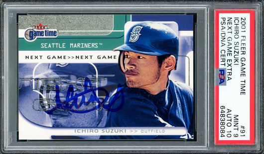 Ichiro Suzuki Autographed 2001 Fleer Game Time Rookie Card #91 Seattle Mariners PSA 9 Auto Grade Gem Mint 10 #81/2000 PSA/DNA #64838084