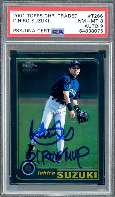 Ichiro Suzuki Autographed 2001 Topps Chrome Traded Rookie Card #T266 Seattle Mariners PSA 8 Auto Grade Mint 9 "01 ROY/MVP" PSA/DNA #64838075