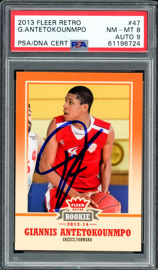 Giannis Antetokounmpo Autographed 2013 Fleer Retro Rookie Card #47 Milwaukee Bucks PSA 8 Auto Grade Mint 9 PSA/DNA #61196724