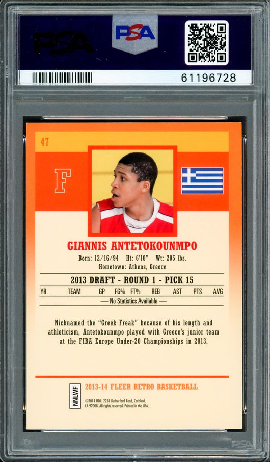 Giannis Antetokounmpo Autographed 2013 Fleer Retro Rookie Card #47 Milwaukee Bucks Auto Grade Mint 9 PSA/DNA #61196728