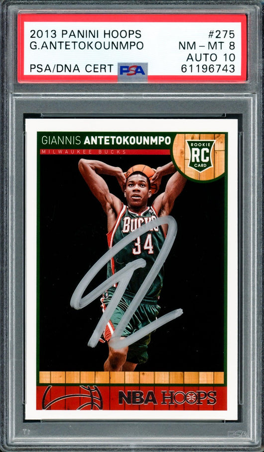 Giannis Antetokounmpo Autographed 2013 Panini Hoops Rookie Card #275 Milwaukee Bucks PSA 8 Auto Grade Gem Mint 10 PSA/DNA #61196743