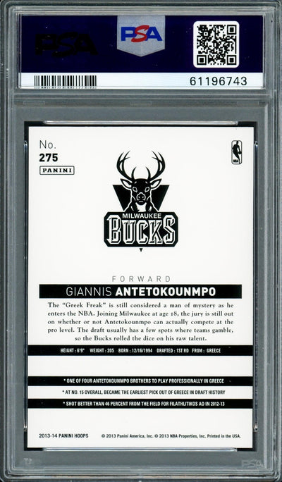 Giannis Antetokounmpo Autographed 2013 Panini Hoops Rookie Card #275 Milwaukee Bucks PSA 8 Auto Grade Gem Mint 10 PSA/DNA #61196743